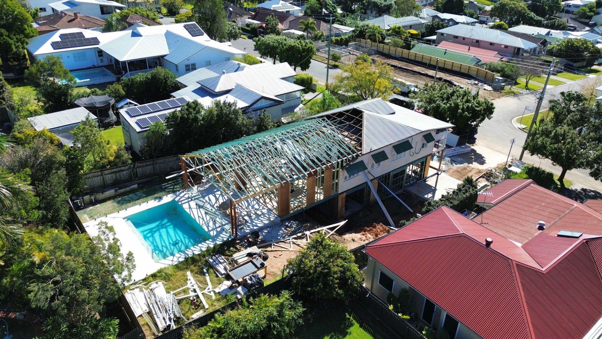 Drone view over a Brisbane home extension mid-build